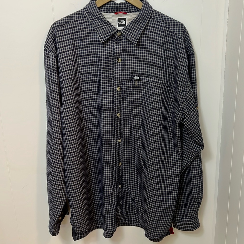 The North Face Traverse Navy Blue Tan Check Long Sleeve Button Down Shirt LARGE